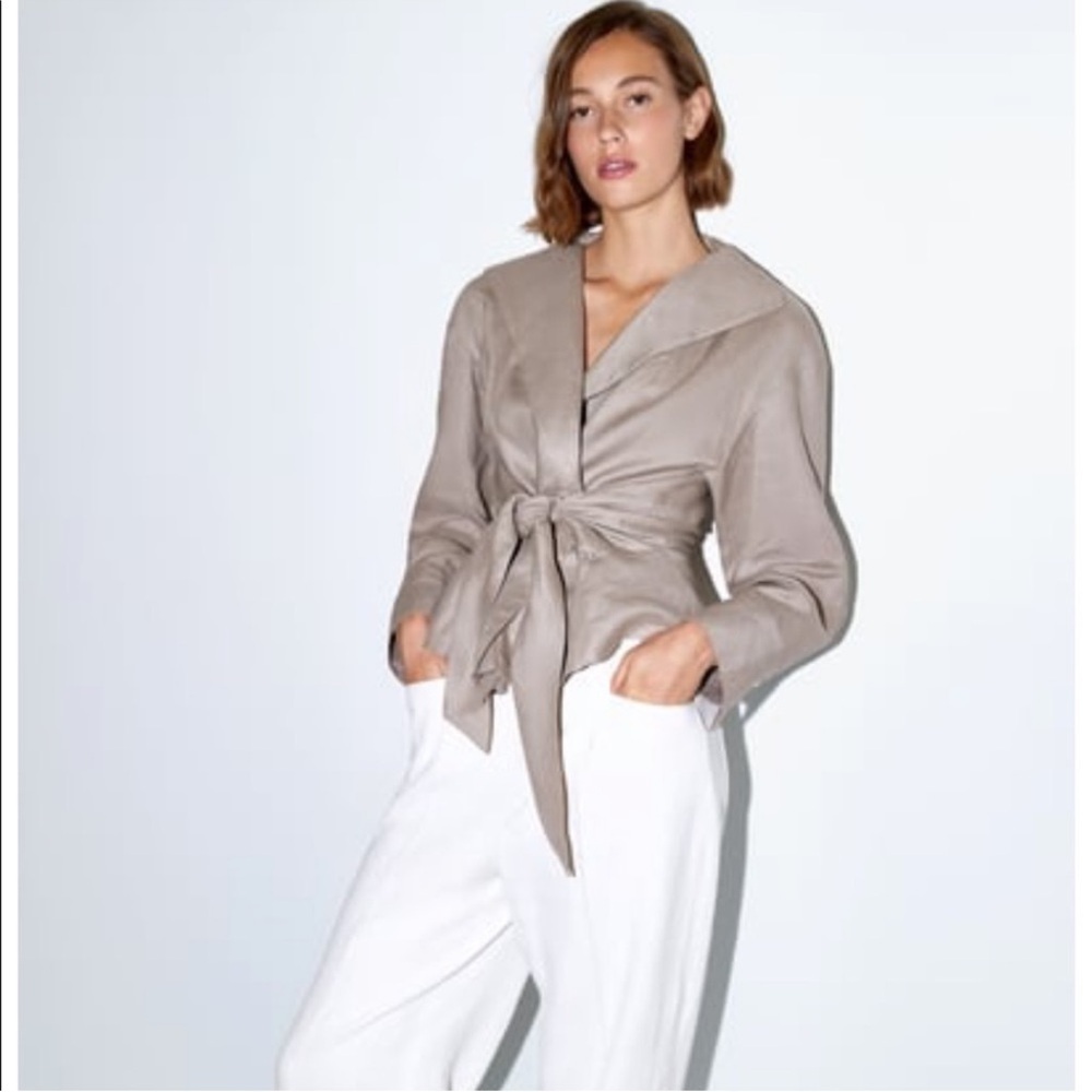 Zara Taupe Wrap Blouse with Tie Waist